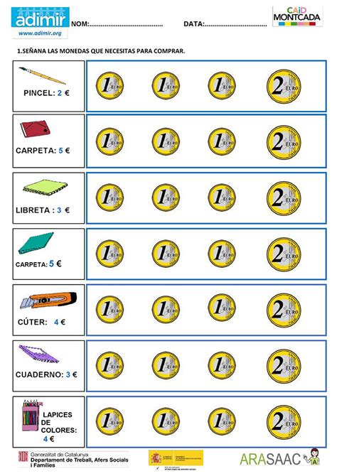 FICHAS PARA TRABAJAR LOS EUROS (Billetes y。